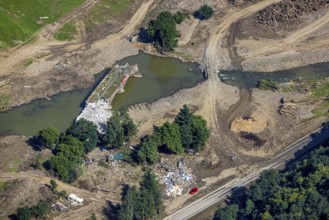 Aerial view, flood area at the river Ahr with destroyed bridge in Hönningen, Ahr flood, Ahr valley,