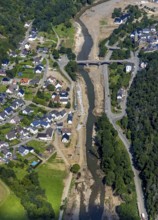Aerial view, flood area at the river Ahr with bridge Kapellenstraße and catholic parish church St.