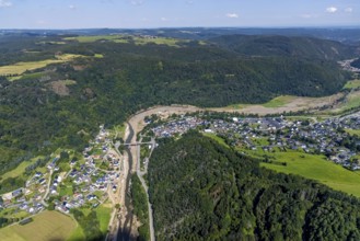 Aerial view, flood area at the river Ahr with bridge Kapellenstraße and catholic parish church St.