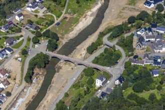 Aerial view, flood area at the river Ahr with bridge Kapellenstraße and catholic parish church St.