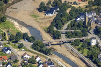 Aerial view, flood area at the river Ahr with bridge Kapellenstraße and catholic parish church St.