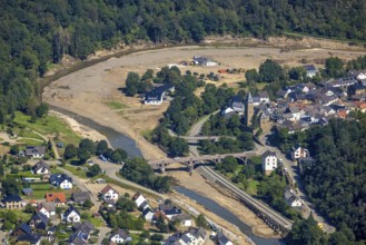 Aerial view, flood area at the river Ahr with bridge Kapellenstraße and catholic parish church St.