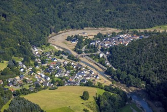 Aerial view, flood area at the river Ahr with bridge Kapellenstraße and catholic parish church St.