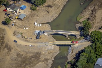 Aerial view, flood area at the river Ahr with destroyed Josef Emmerich bridge and temporary bridge