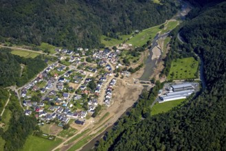 Aerial view, flood area at the river Ahr with destroyed Josef Emmerich bridge and temporary bridge