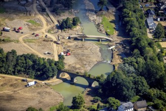 Aerial view, flood area at the river Ahr with destroyed bridge in the district of Dümpelfeld,