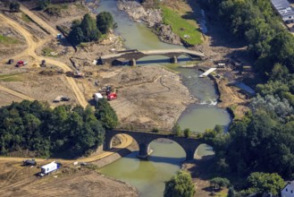 Aerial view, flood area at the river Ahr with destroyed bridge in the district of Dümpelfeld,
