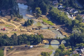 Aerial view, flood area at the river Ahr with destroyed bridge in the district of Dümpelfeld,