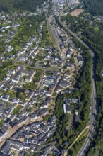Aerial view, Erft flood in the old town centre with destroyed bank area of the Erft as well as the