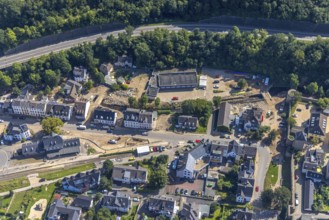 Aerial view, railway station in Bad Münstereifel, Ahr flood, Ahr valley, North Rhine-Westphalia,