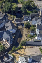 Aerial view, flood area of the historic old town with destroyed bank area of the river Erft after
