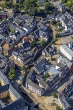 Aerial view, historic old town flood area with destroyed bank area of the river Erft after Erft