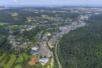 Aerial photograph, flood area after Erfth flood and view of Bad Münstereifel, Ahr flood, Ahr