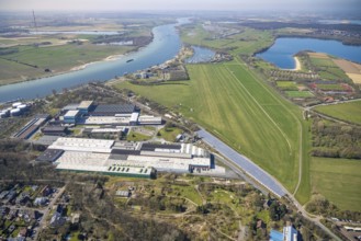 Aerial photography, Wesel-Römerwardt airfield, River Rhine, Pilkington Automotive Deutschland GmbH,
