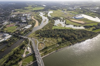 Aerial view, The mouth of the river Lippe into the river Rhine with the Lower Rhine Bridge Wesel at
