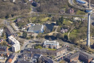 Aerial view, HeubergPark with HeubergBad and television tower, Wesel, Ruhr area, Lower Rhine, North