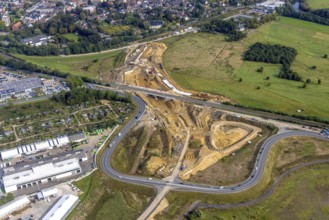 Aerial view, construction site south bypass with renaturalisation of the Lippe estuary in the Lippe