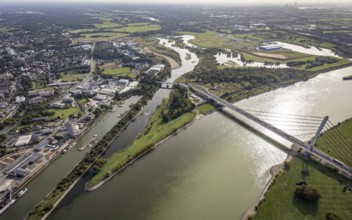 Aerial view, The mouth of the river Lippe into the river Rhine with the Lower Rhine Bridge Wesel at