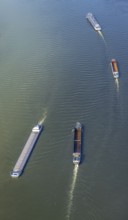 Aerial view, inland navigation on the river Rhine in the district Büderich in Wesel, Lower Rhine,