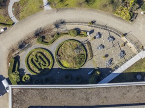 Aerial view, Nikolaus-Stift retirement home, artistic garden green space, Wesel, Ruhr area, Lower