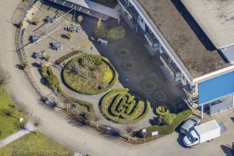 Aerial view, Nikolaus-Stift retirement home, artistic garden green space, Wesel, Ruhr area, Lower
