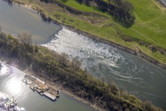 Aerial view, weir of the Lippe at the mouth of the Lippe, Wesel, Ruhr area, Lower Rhine, North