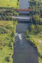 Aerial view, river Lippe water vortex at the Lippeschlösschen in the district Fusternberg in Wesel,
