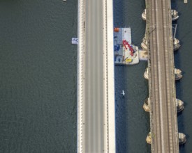 Aerial view, construction site Obergrabenbrücke Friedrichstraße and railway bridge over the river