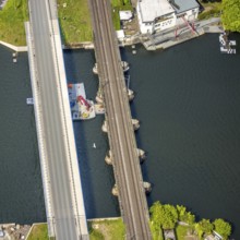 Aerial view, construction site Obergrabenbrücke Friedrichstraße and railway bridge over the river