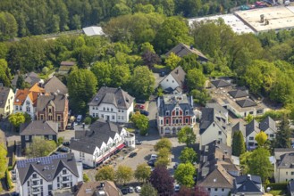 Aerial view, Volmarstein village square, café on the village square with outdoor catering,