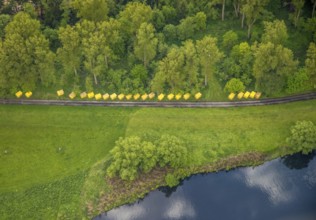 Aerial view, yellow objects on the Ruhr, weather, Ruhr area, North Rhine-Westphalia, Germany, DE,