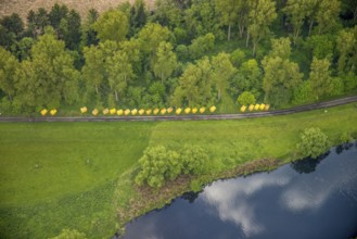 Aerial view, yellow objects on the Ruhr, weather, Ruhr area, North Rhine-Westphalia, Germany, DE,