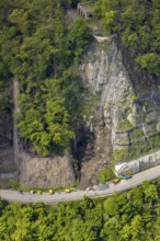 Aerial photo, rockfall protection fences and construction work on the closed cycle path and hiking