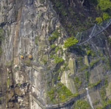 Aerial photo, rockfall protection fences and construction work on the closed cycle path and hiking