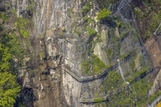 Aerial photo, rockfall protection fences and construction work on the closed cycle path and hiking