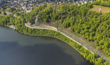 Aerial photo, rockfall protection fences and construction work on the closed cycle path and hiking