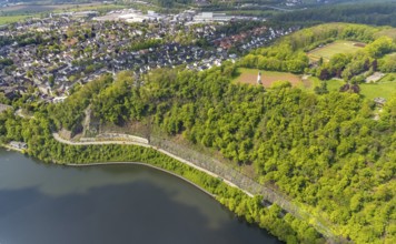 Aerial photo, rockfall protection fences and construction work on the closed cycle path and hiking
