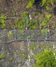 Aerial photo, rockfall protection fences and construction work on the closed cycle path and hiking