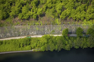 Aerial photograph, rockfall protection fences and construction work on the closed cycle path and