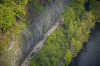 Aerial photograph, rockfall protection fences and construction work on the closed cycle path and