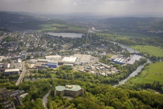 Aerial view, Demag former office tower in Demagstraße and Demag factory premises, Volmarstein,