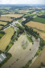 Aerial view, Ruhr flood, flood after heavy rainfall, Wimbern, Wickede, Sauerland, North