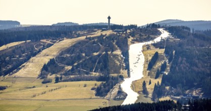 Ski downhill run with chairlift and Ettelsberg high heath tower, Willingen, Sauerland, Hesse,
