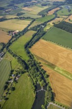 Aerial view, meadows and fields at the river Ruhr and Obergraben Am power plant, Wickede,