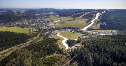Ski downhill run with chairlift and Ettelsberg high heath tower, Willingen, Sauerland, Hesse,