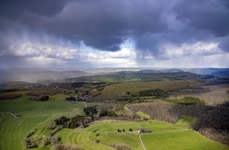 Aerial view, clouds over the forest area near Wilgersdorf, Wilnsdorf, Siegerland, North