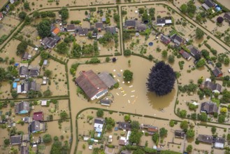 Aerial photo, Ruhr flood, flooded campsite Amsel restaurant on the Ruhr Valley cycle path in