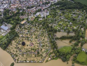 Aerial photo, Ruhr flood, flooded campsite Amsel restaurant on the Ruhr Valley cycle path in
