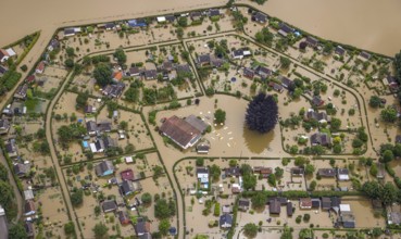 Aerial photo, Ruhr flood, flooded campsite Amsel restaurant on the Ruhr Valley cycle path in