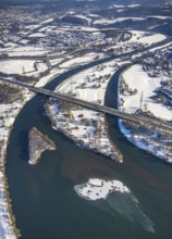 Aerial view, bird island in Lake Kemnader, motorway A43, river Ruhr, Ostherbede, Witten, Ruhr area,